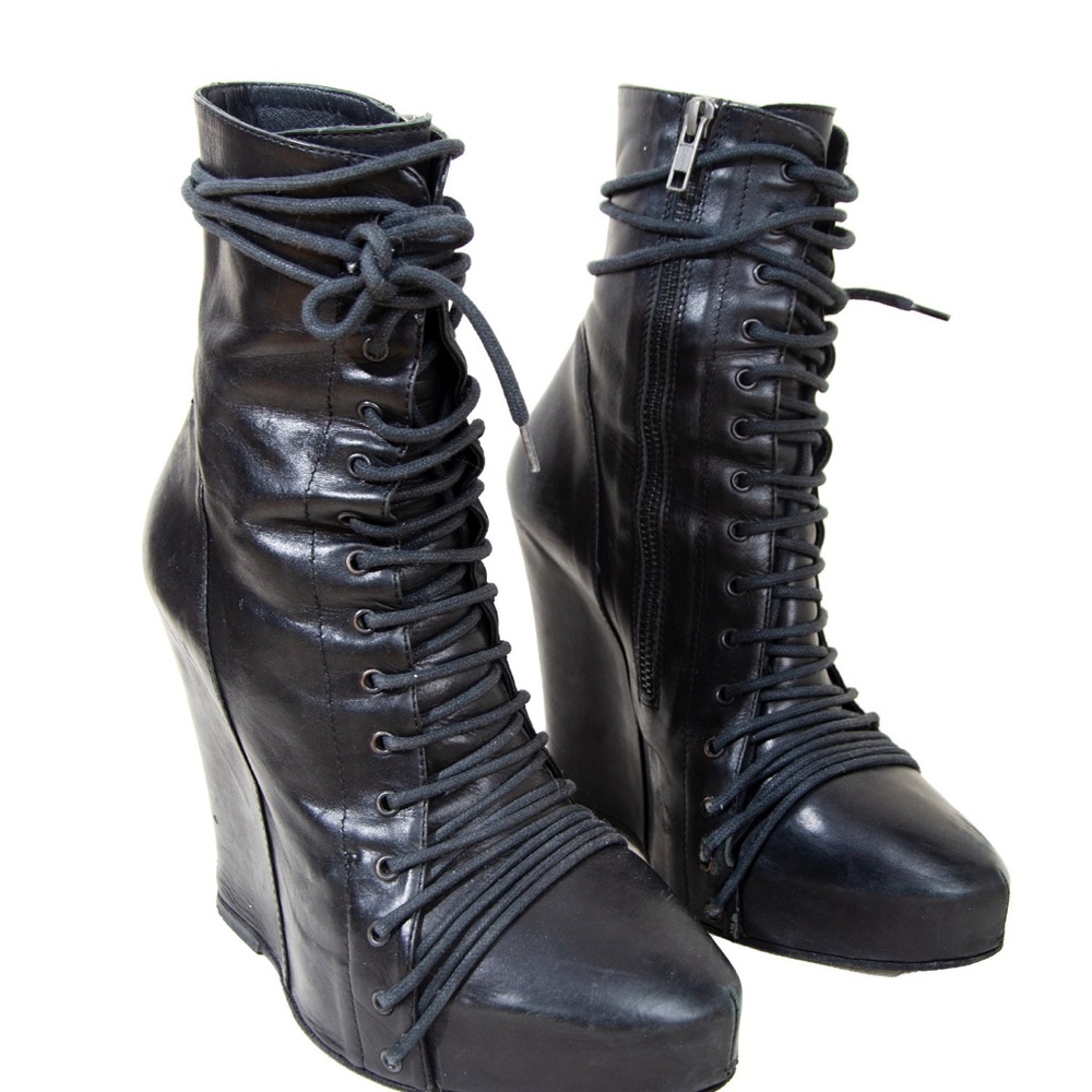 Ann Demeulemeester Black Lace Up Wedge Boots